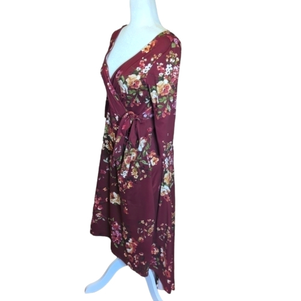 Burgundy Dress Hi low v neck knit wrap side tie Fairycore floral Feminine sz S - Picture 8 of 10